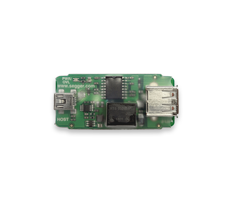Image of a circuit board featuring USB ports and other electronic components, primarily in green. The board includes text indicating a brand name and various chips, highlighting its function related to connectivity or interface.