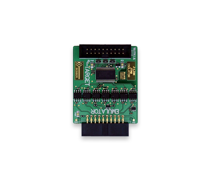 Image of a green circuit board featuring various electronic components, with labeled sections like "TARGET" and "EVALUATOR." It has a connector at the bottom and appears designed for programming or debugging electronic devices.