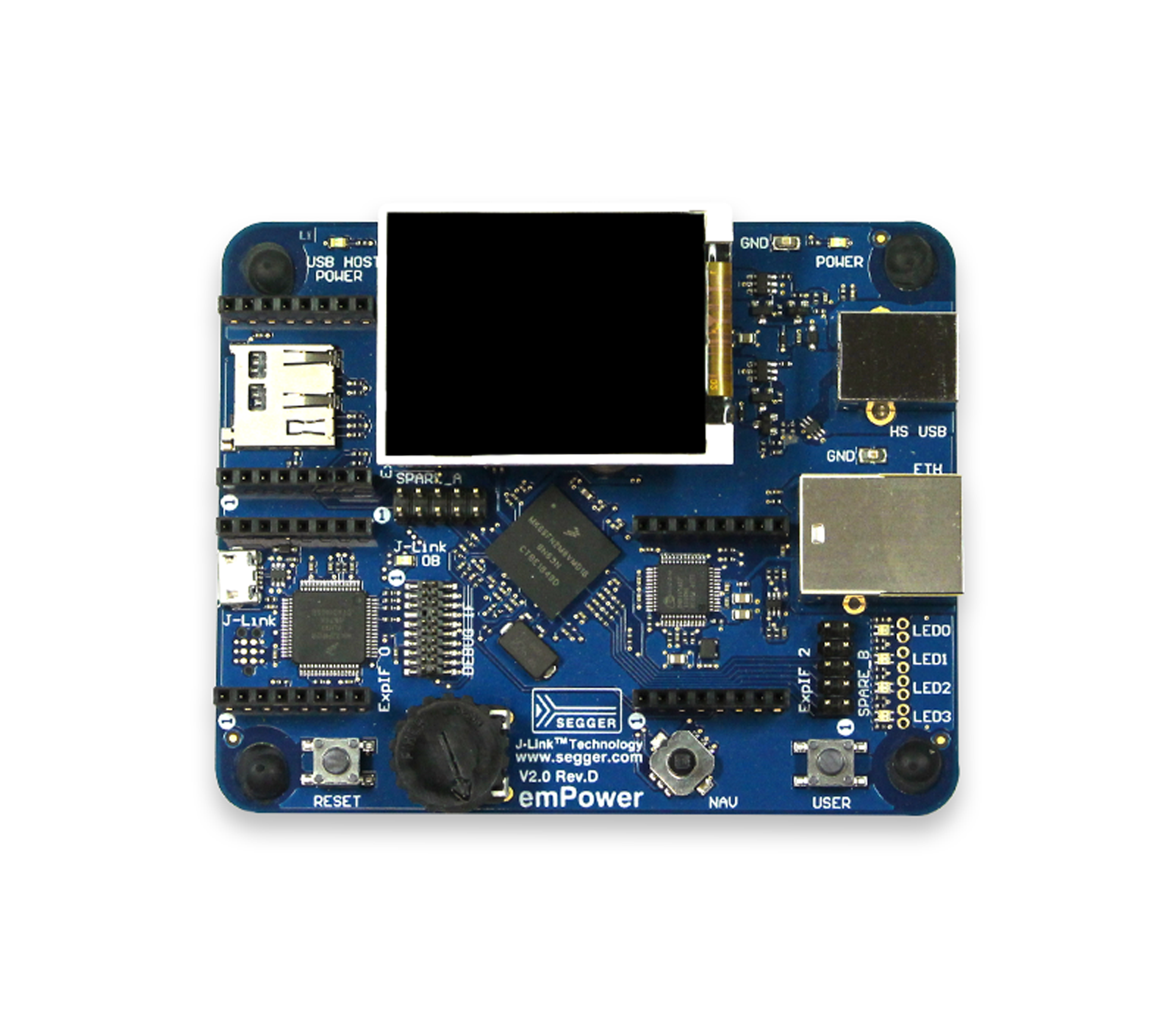 A blue circuit board featuring various electronic components, including USB ports, a display area, and several integrated circuits. It has labeled buttons for reset and user functions, along with multiple connection ports. The board is designed for educational or development purposes in electronics.